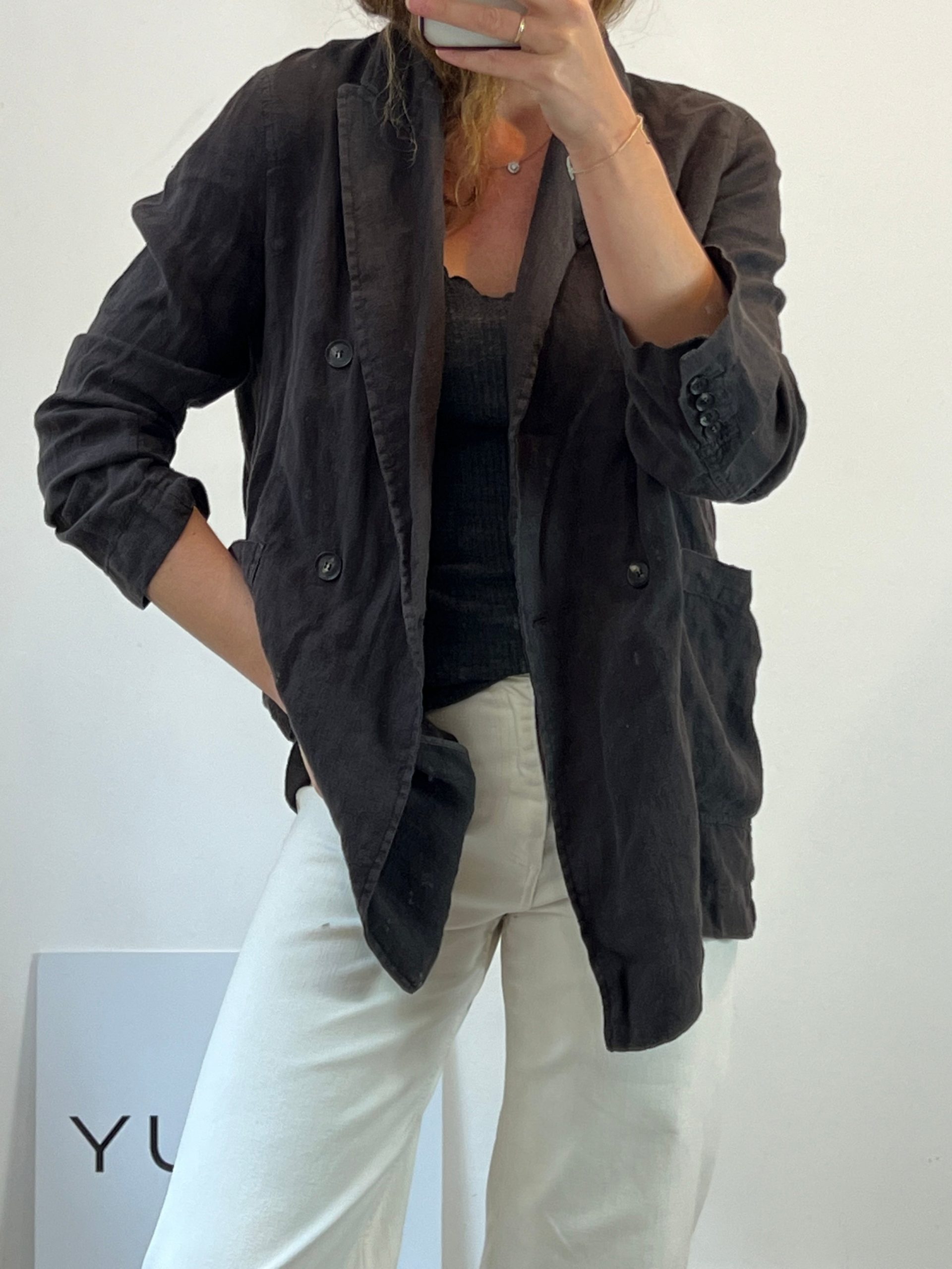 ZARA. Blazer fluida lino gris/azul oscuro T.s