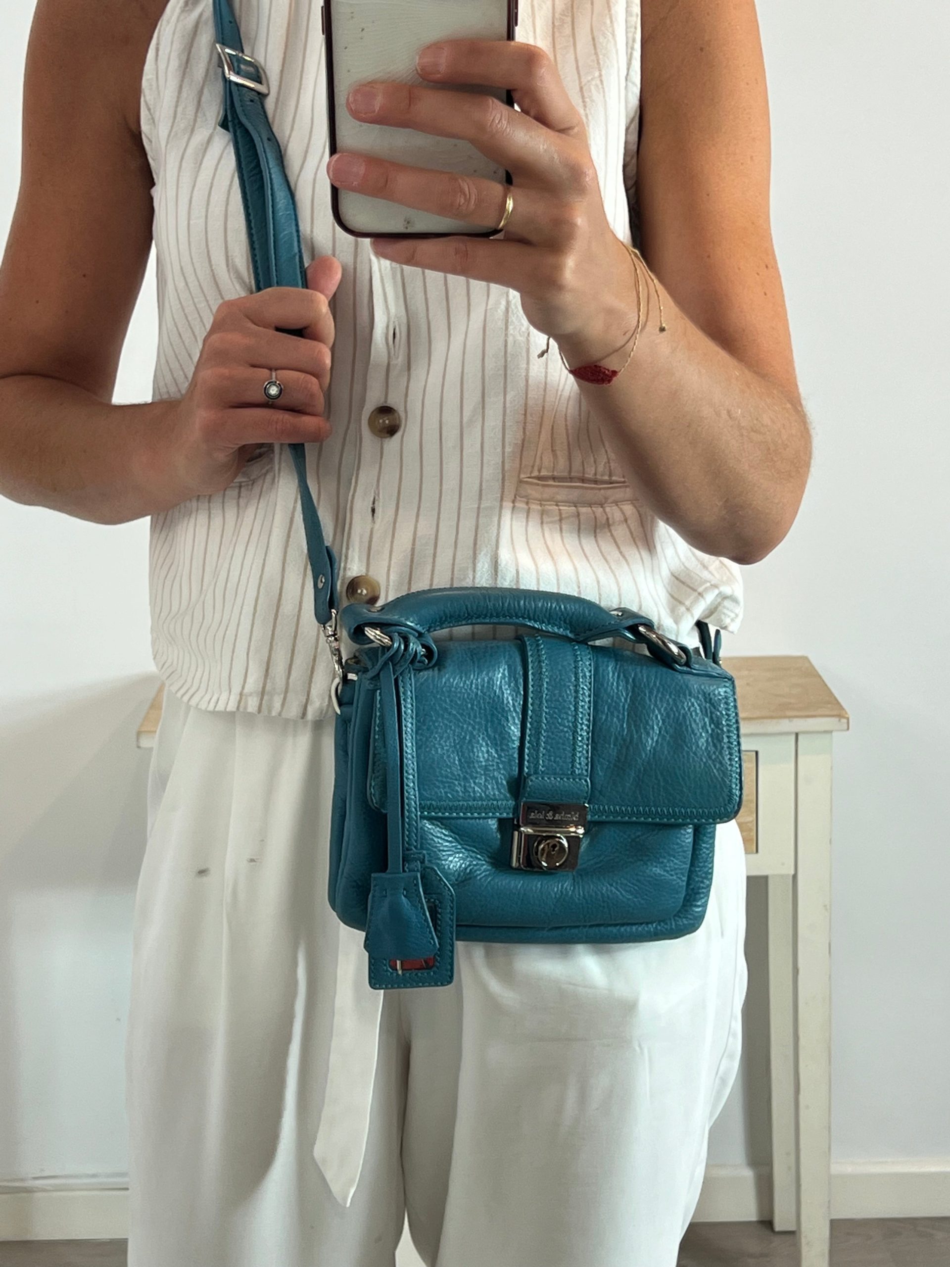 BIMBA Y LOLA. Bolso mini azulón piel doble asa