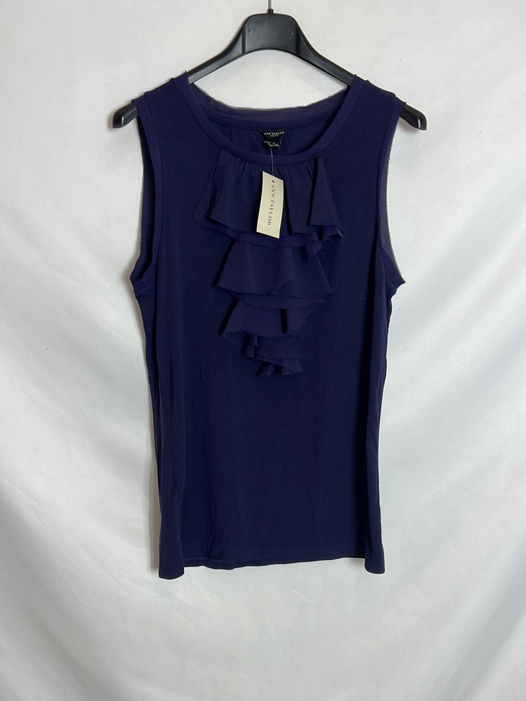 ANN TAYLOR. Top azul morado volantes. T S
