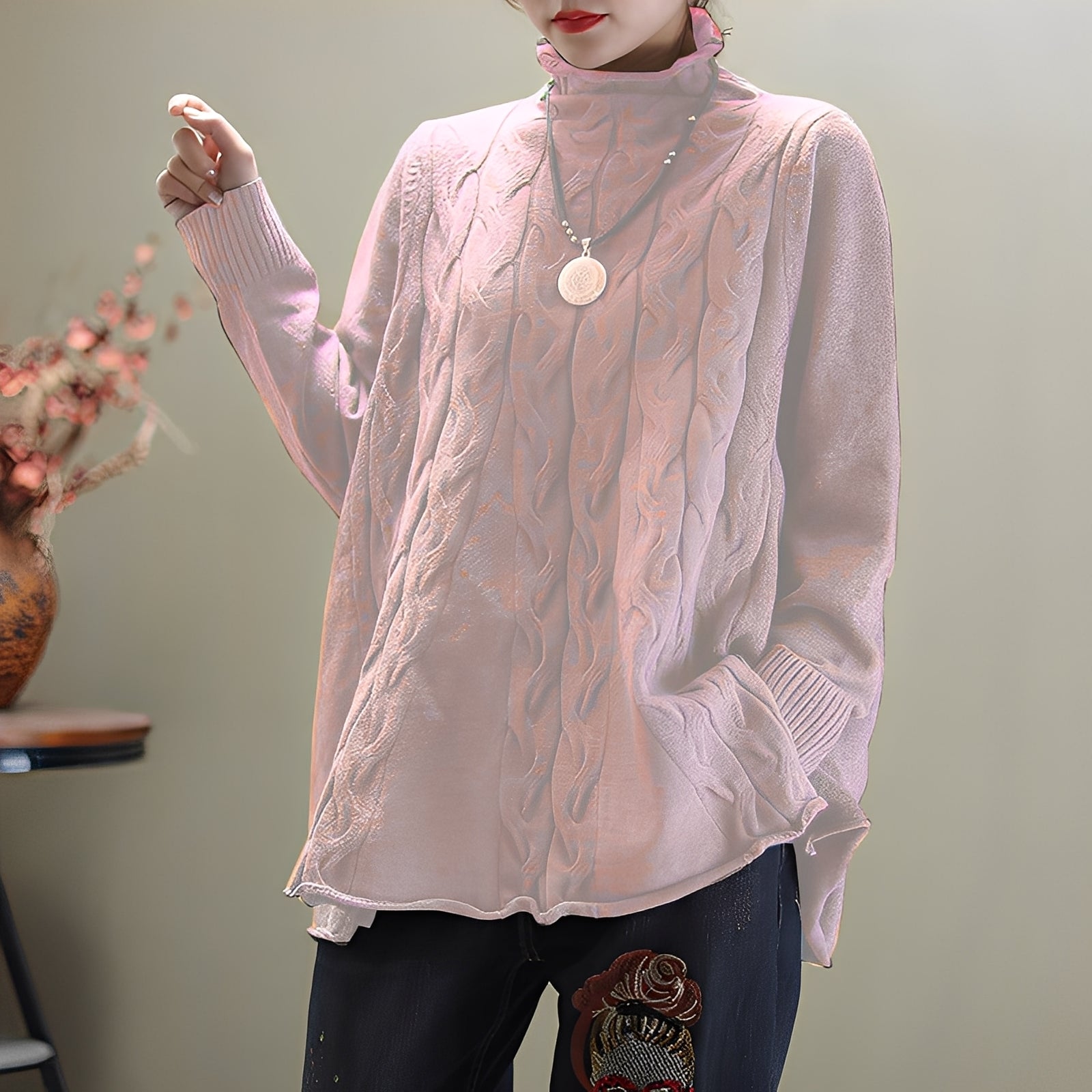 Merla - Cómodo jersey de cuello alto con abertura lateral para mujer