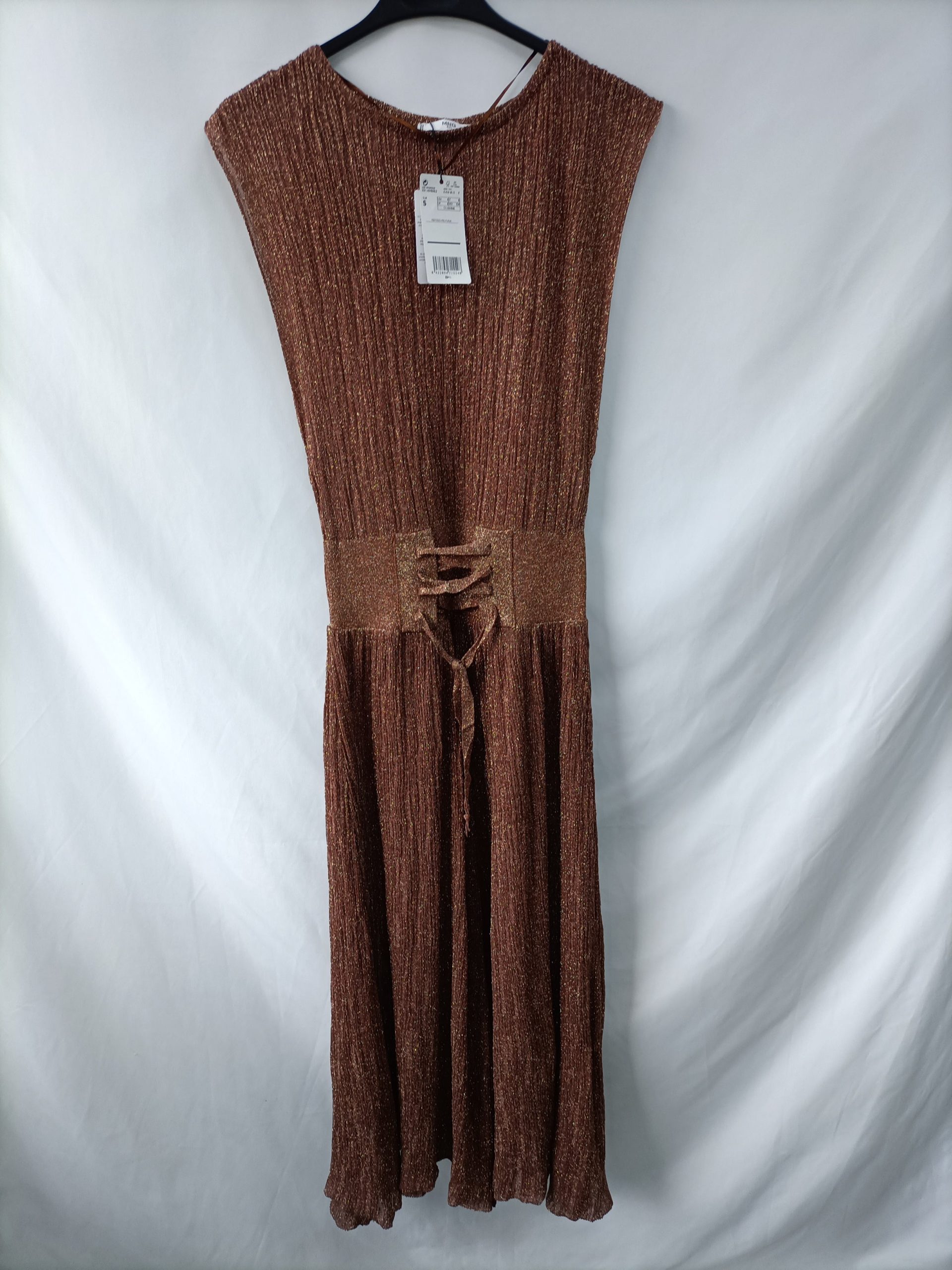 MANGO. Vestido ocre hilos T.s