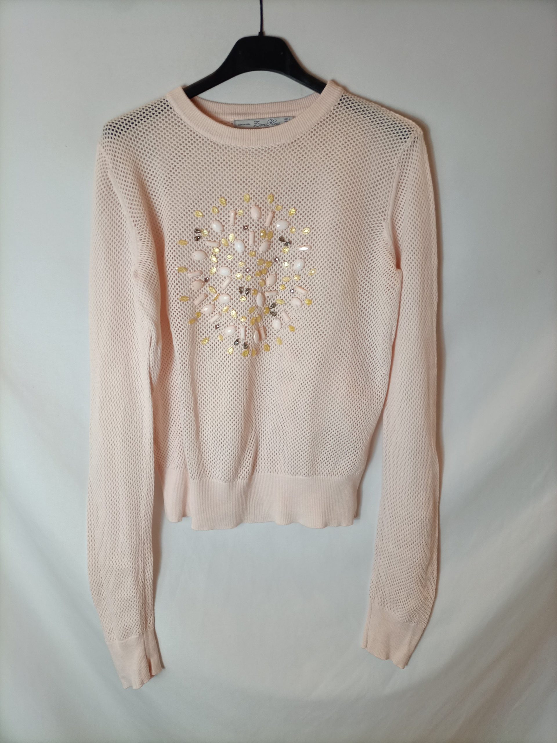ZARA. Top rosa rejilla abalorios T.l