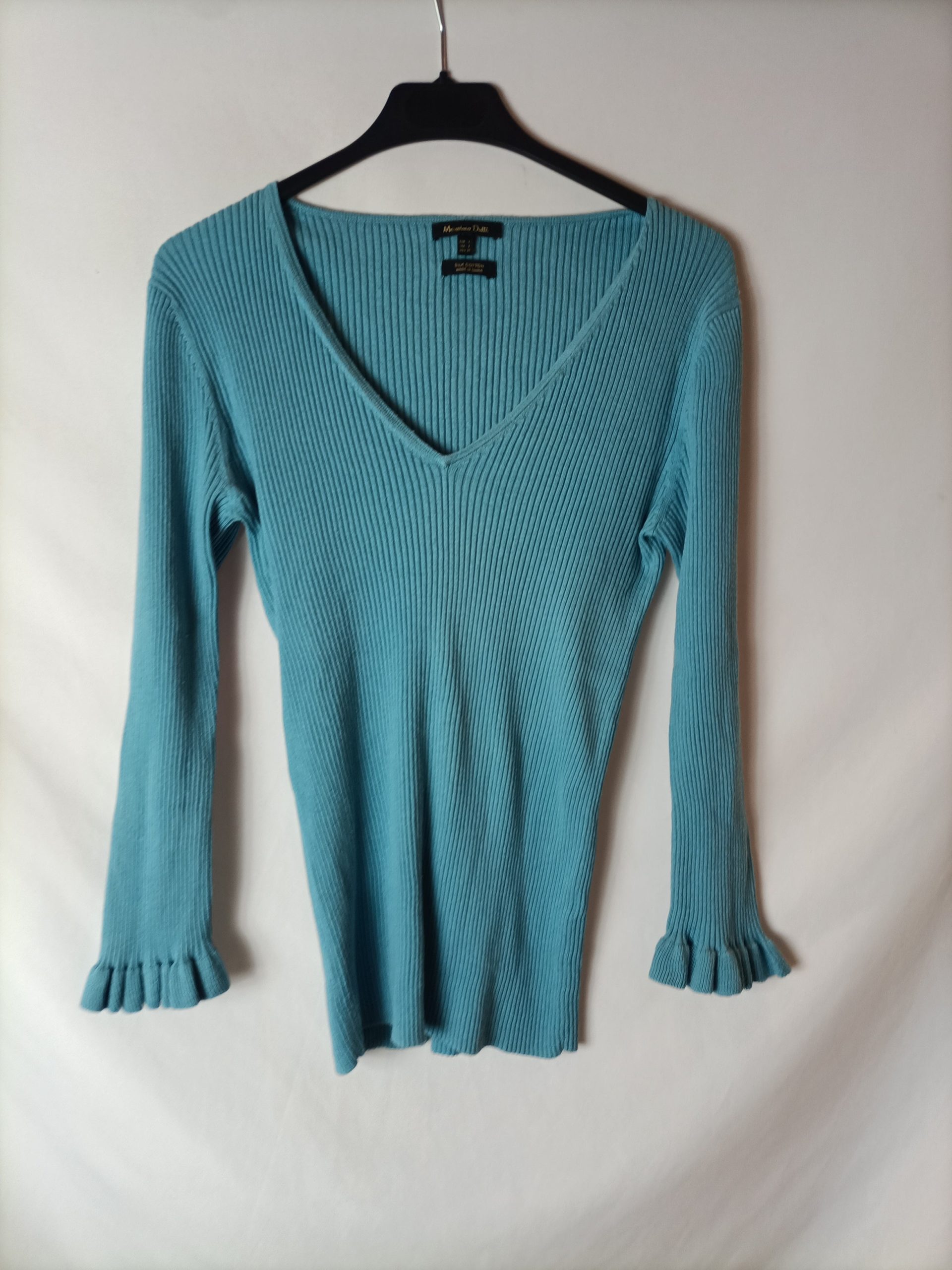 MASSIMO DUTTI. Jersey canalé azul turquesa. T L