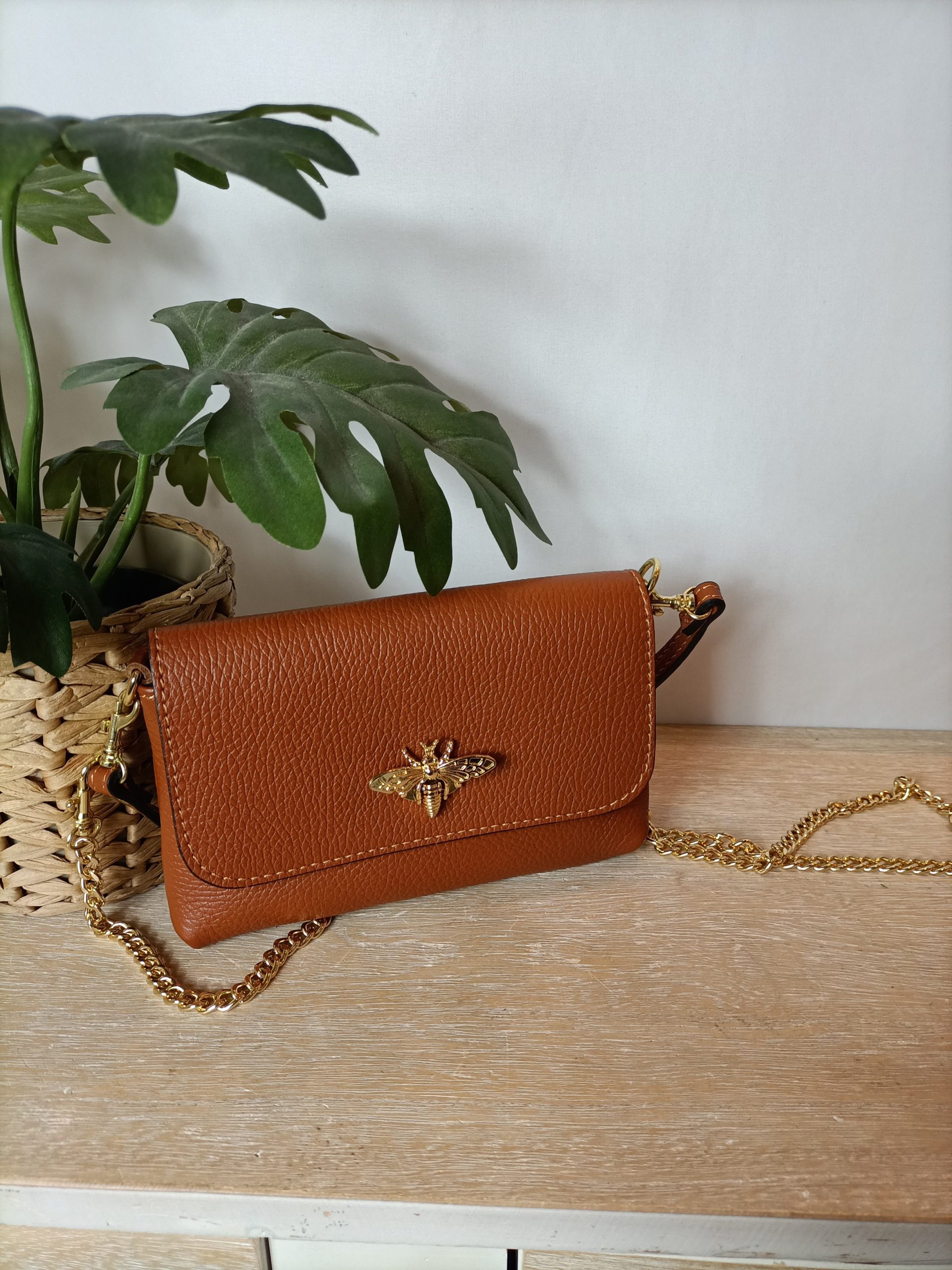 OTRAS. Bolso marrón broche insecto.