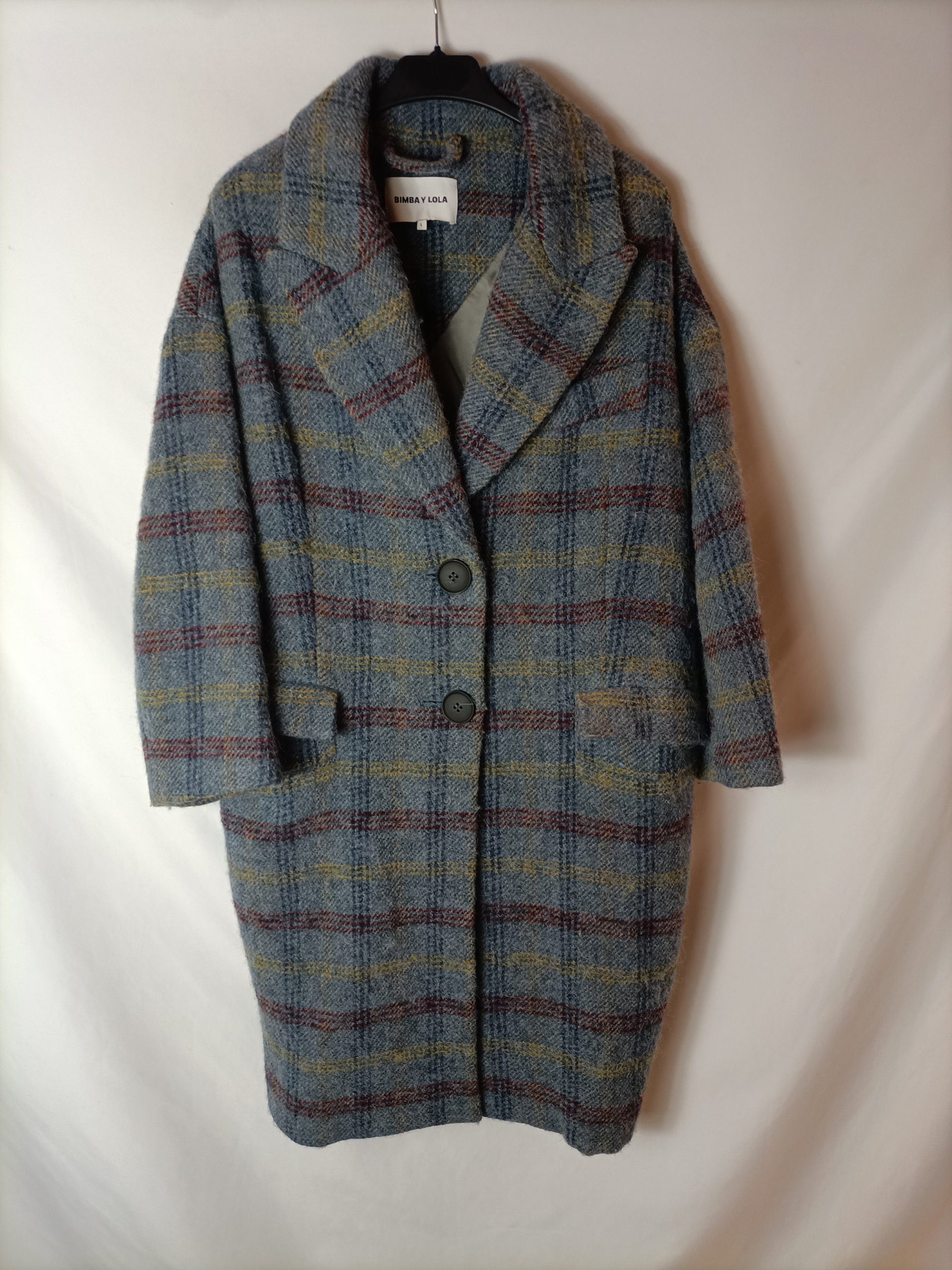 BIMBA Y LOLA. Abrigo azul cuadros. T L