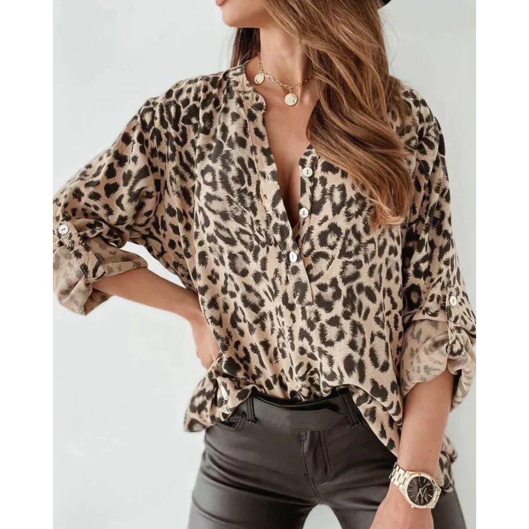 Shelia - Camisa de manga larga con estampado de leopardo para mujer