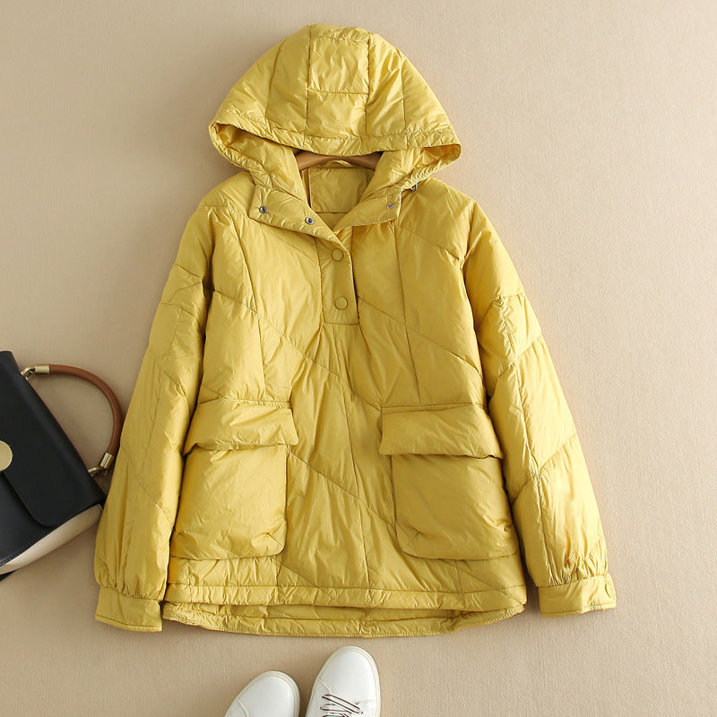 Amery - Colorido, suelto abrigo de plumas con capucha para mujeres