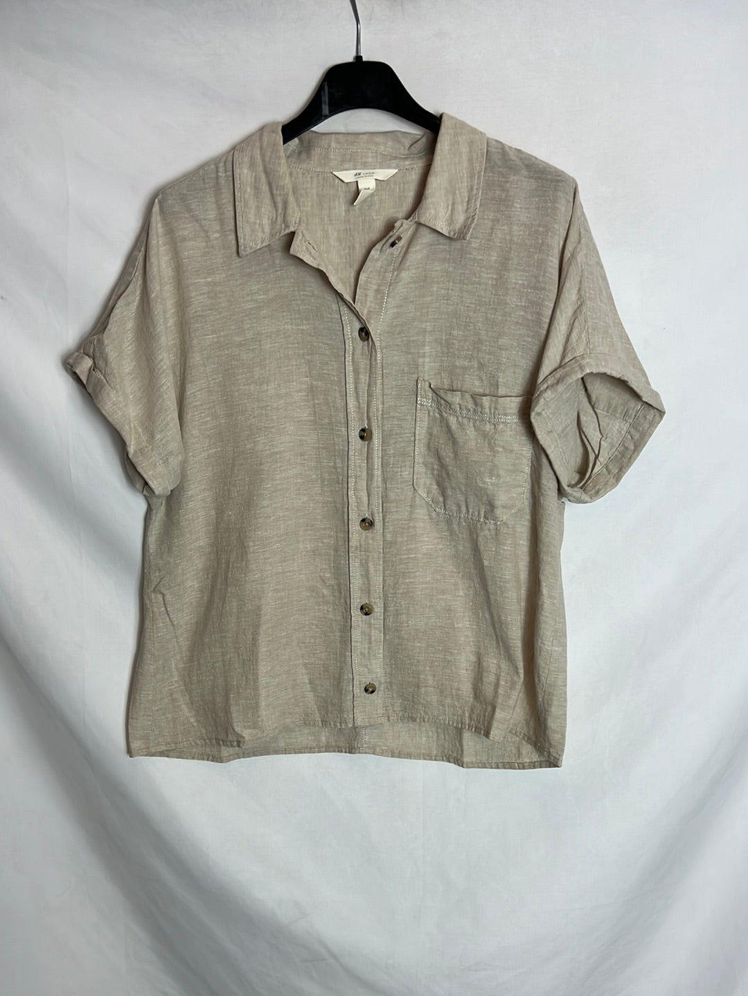 H&M. Camisa manga corta Lino beige. T 40