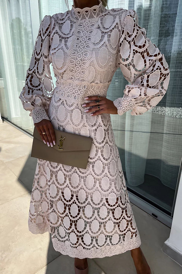 Melody - Elegante Vestido Midi de Encaje Cuello Alto & Manga Abullonada