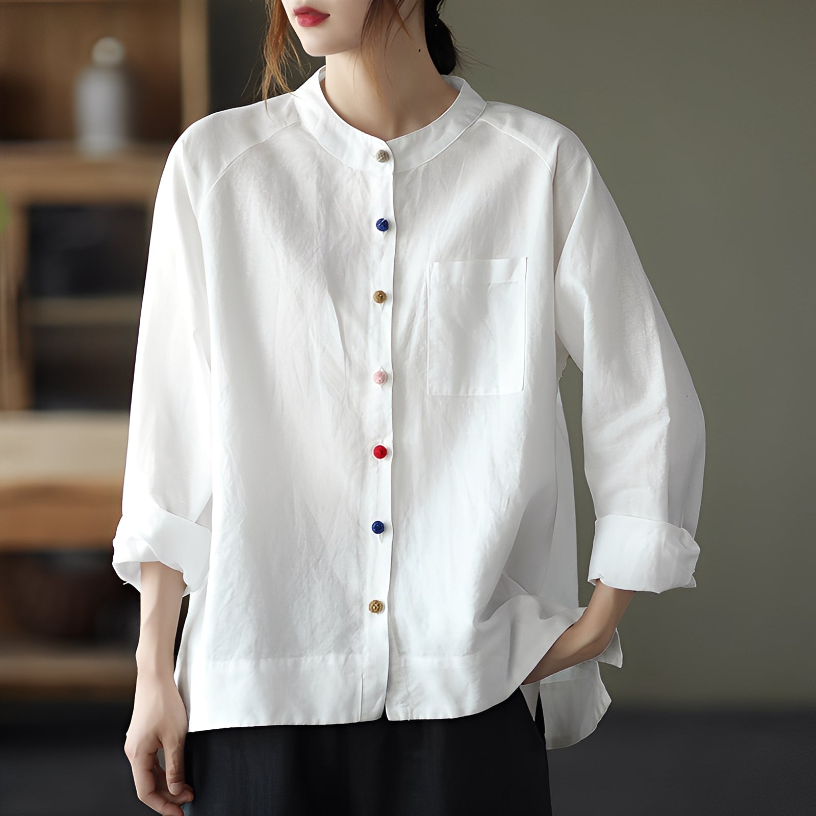 Helen - Blusa de manga larga holgada con bolsillos para mujeres