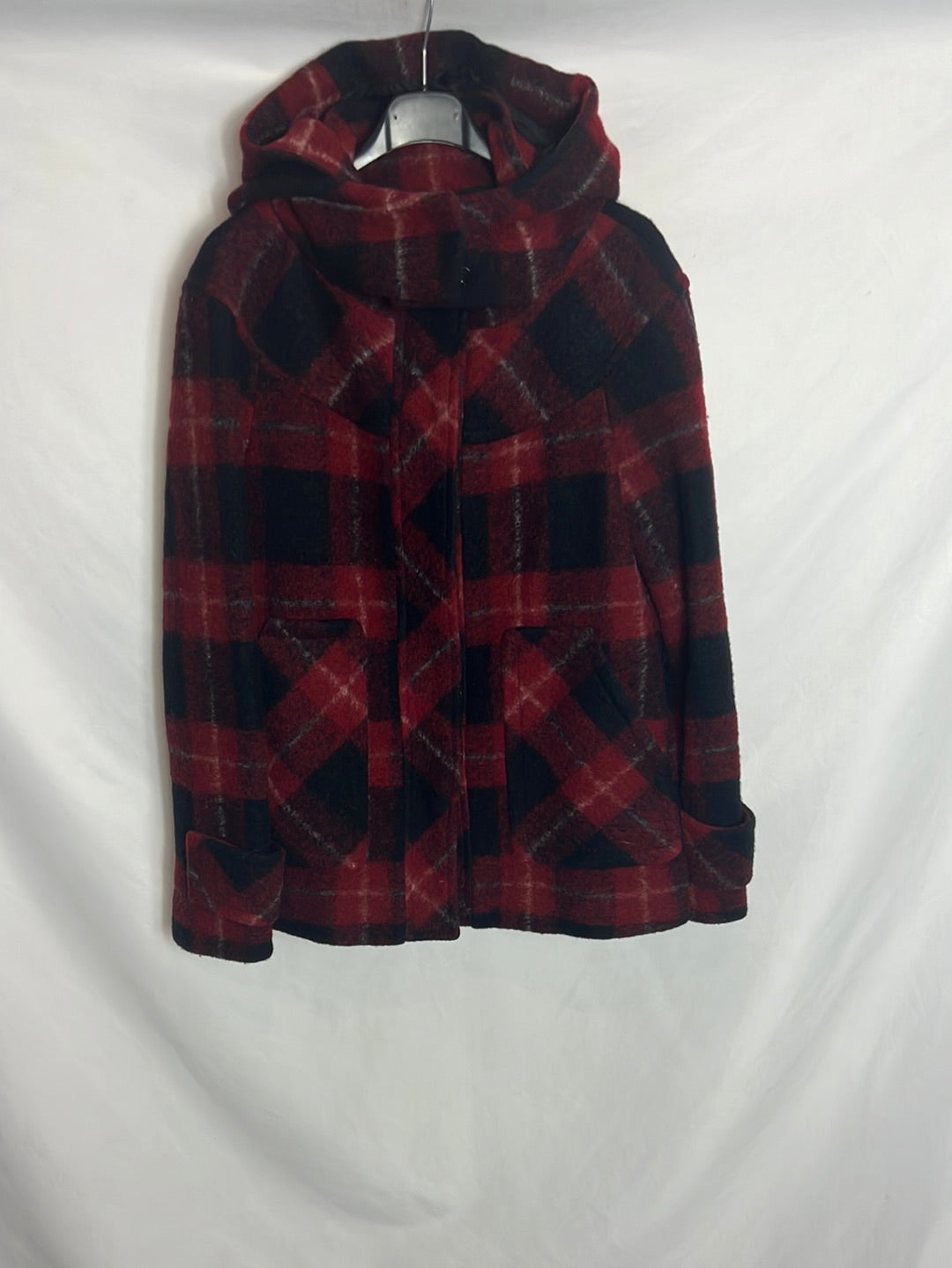 ZARA. Abrigo cuadros con capucha. T S (s/m)