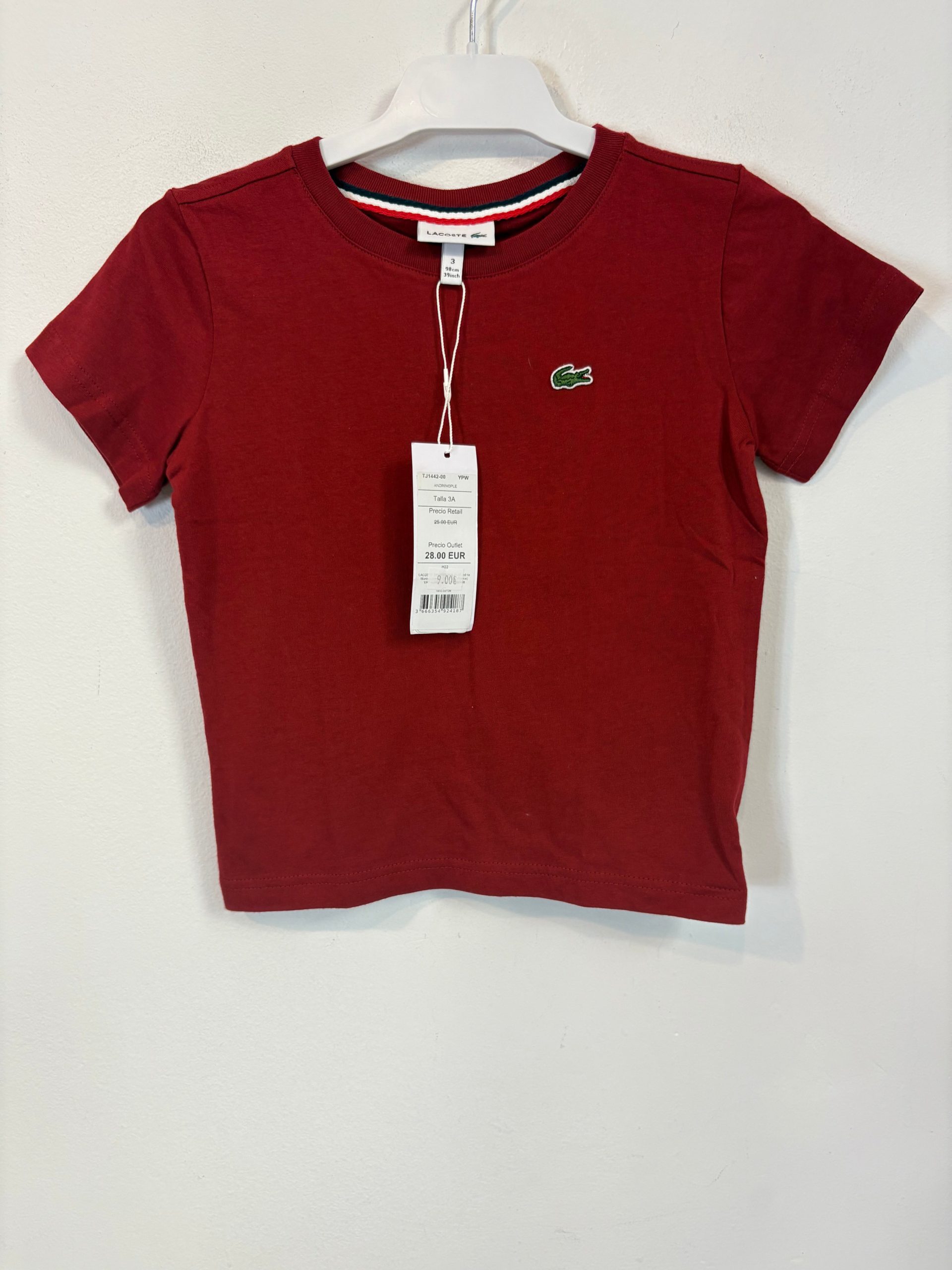 LACOSTE. Camiseta burdeos logo. T 3 años