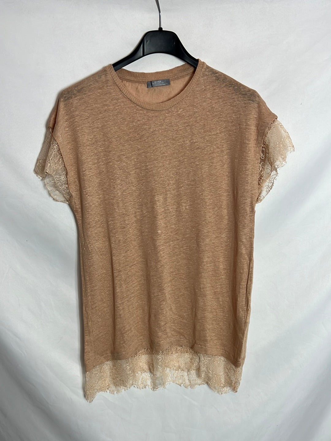 ZARA. Camiseta nude lino encaje T.m