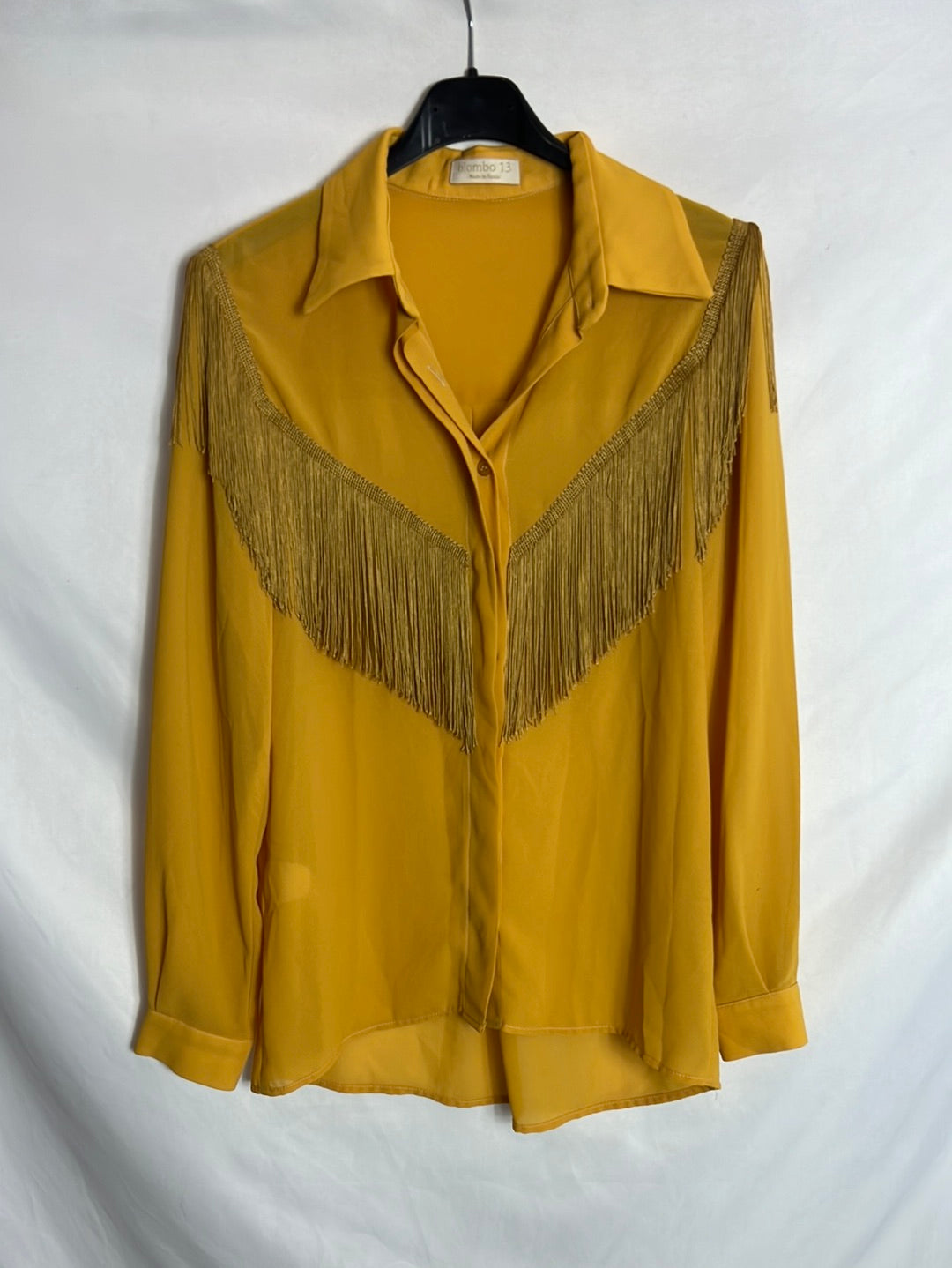 BIMANI. Blusa mostaza flecos T.s