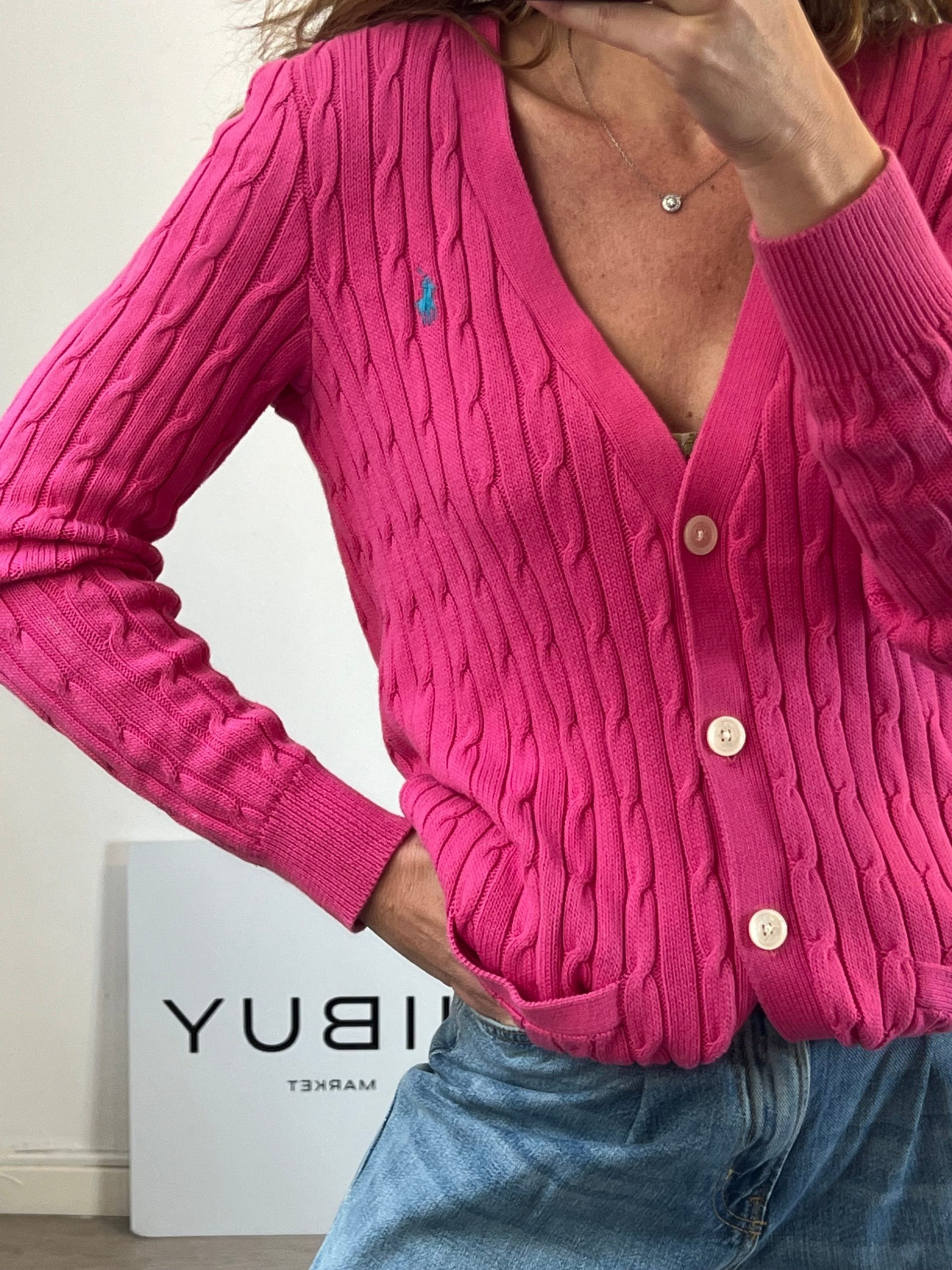 POLO RALPH LAUREN. Cárdigan fucsia. T L