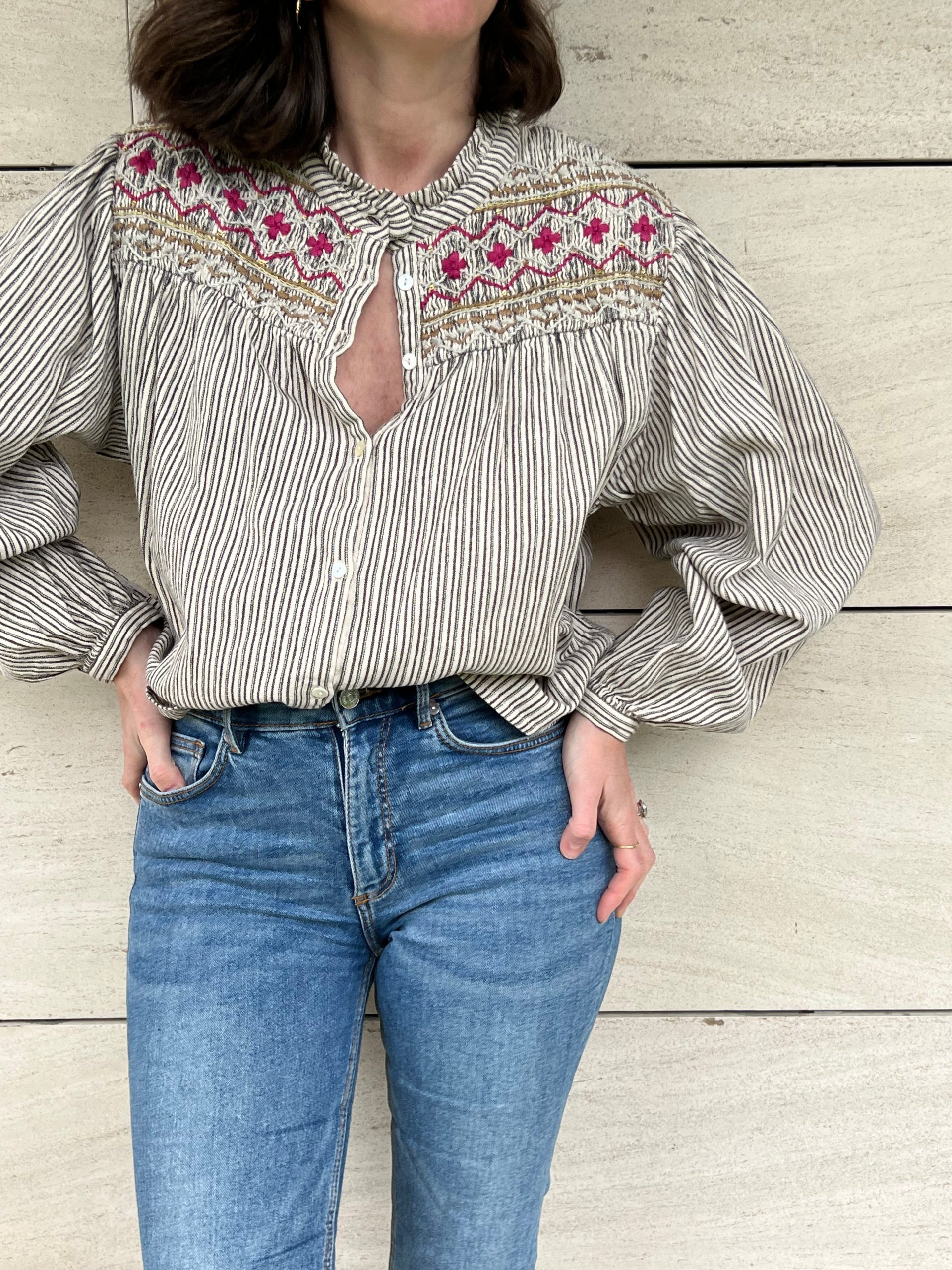 LOUISE MISHA. Blusa rayas bordada T.34