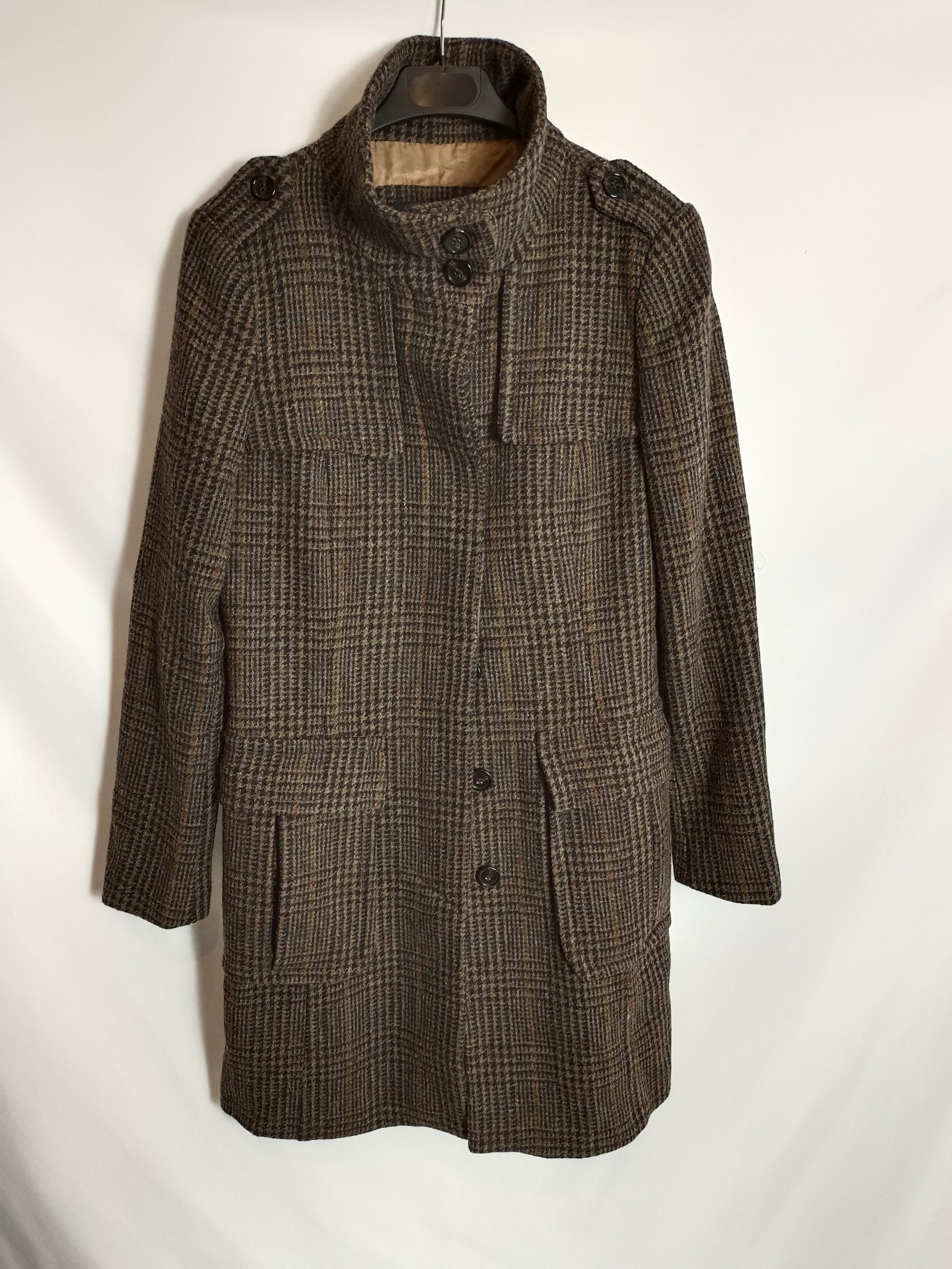 ZARA. Abrigo cuadro marrón T.m (tara)