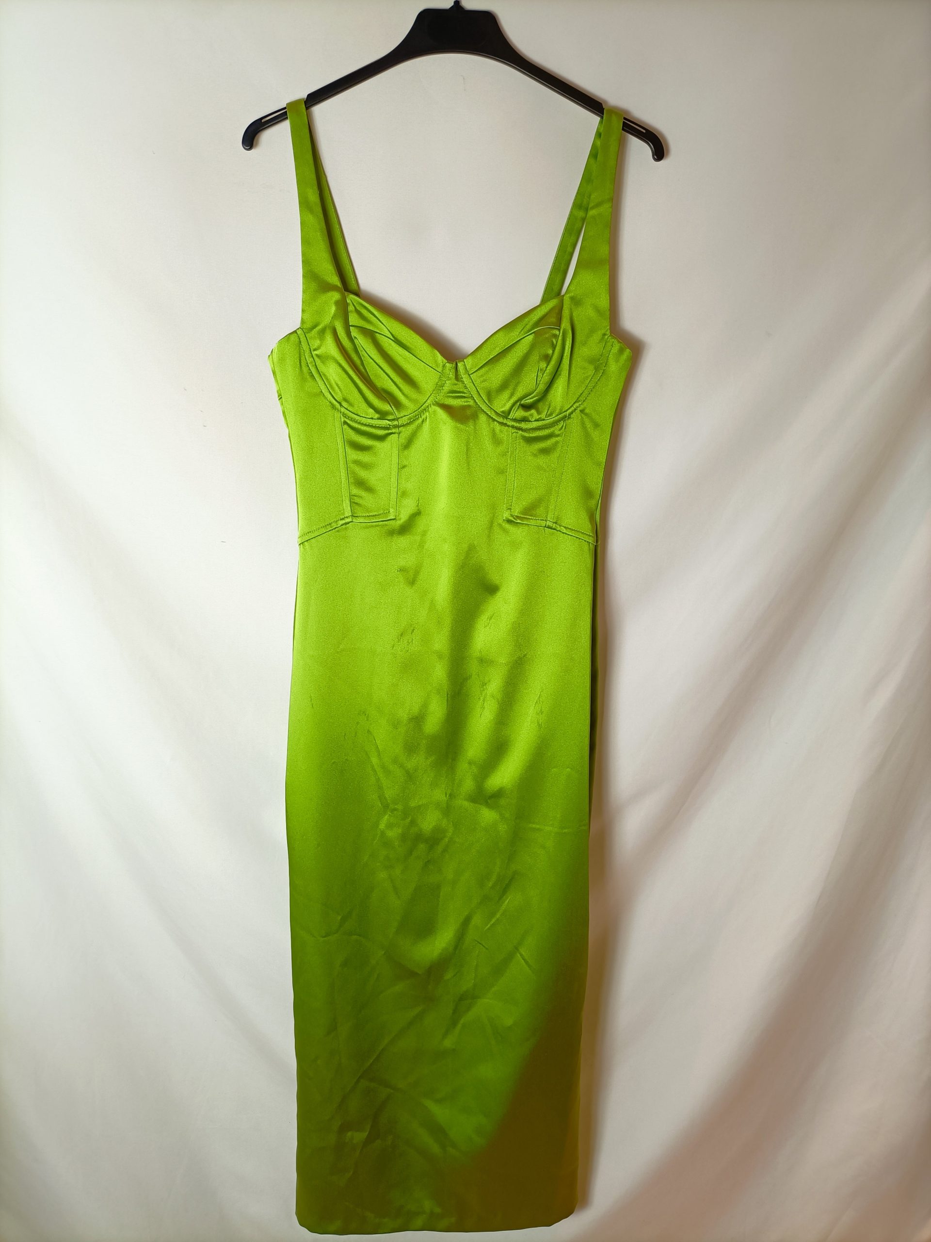 ZARA. Vestido midi verde satinado T.s