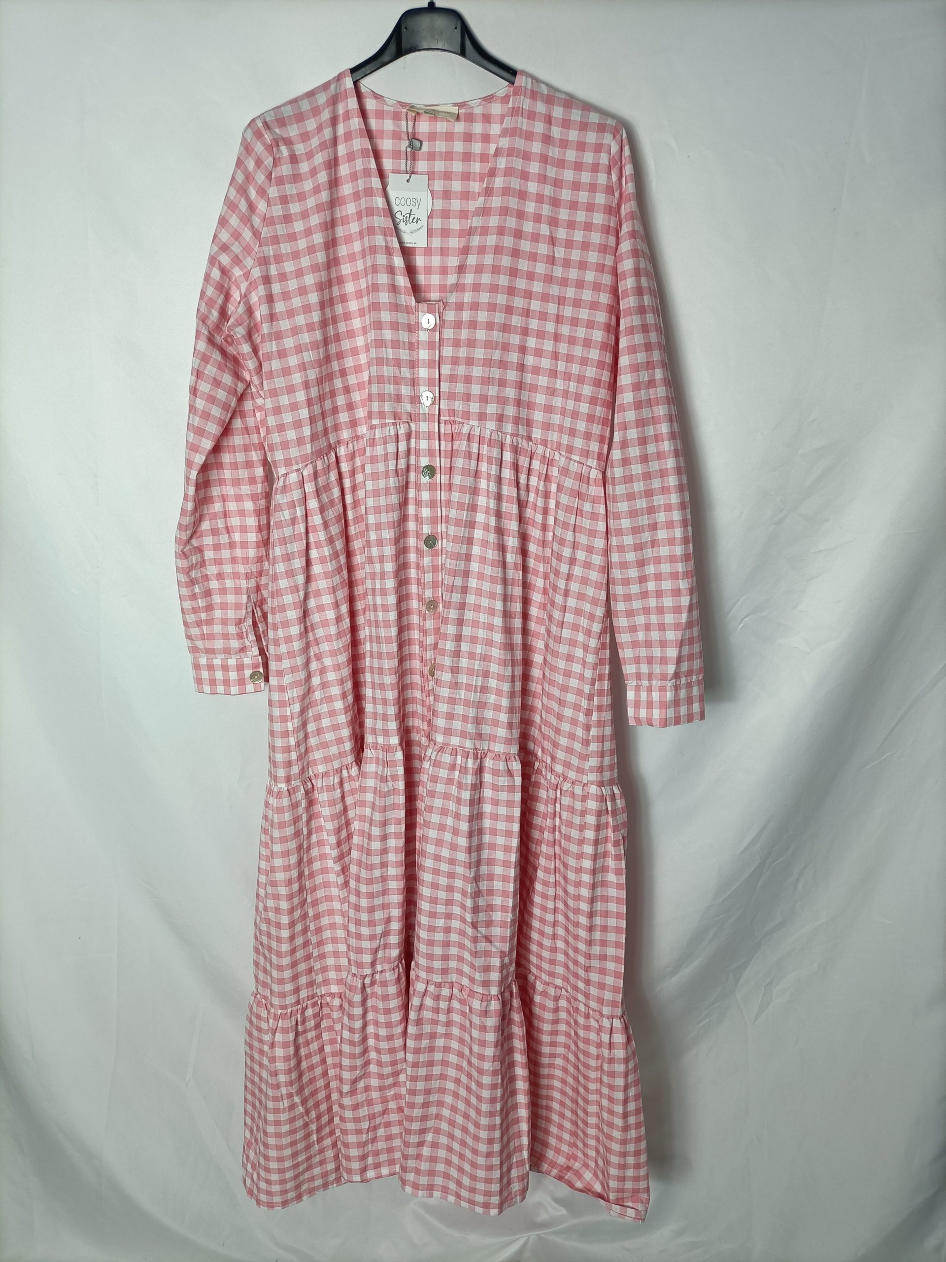 COOSY. Vestido cuadros vichy rosa. TS/M