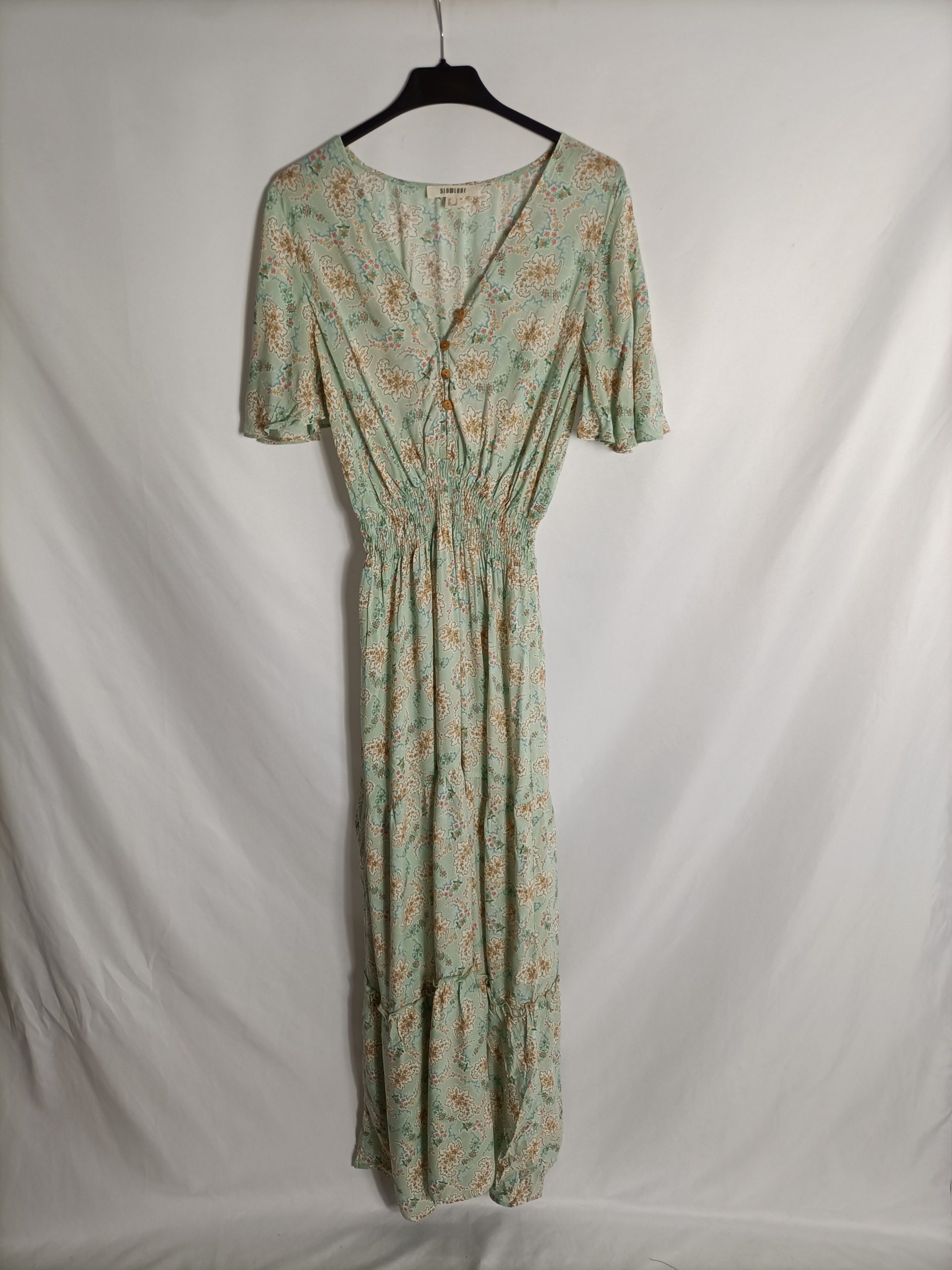 SLOWLOVE. Vestido verde flores T.s