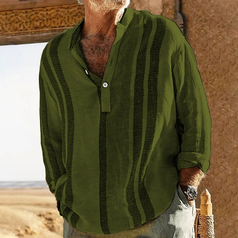 Yano - Camisa vintage de lino con bordado para hombre de manga larga