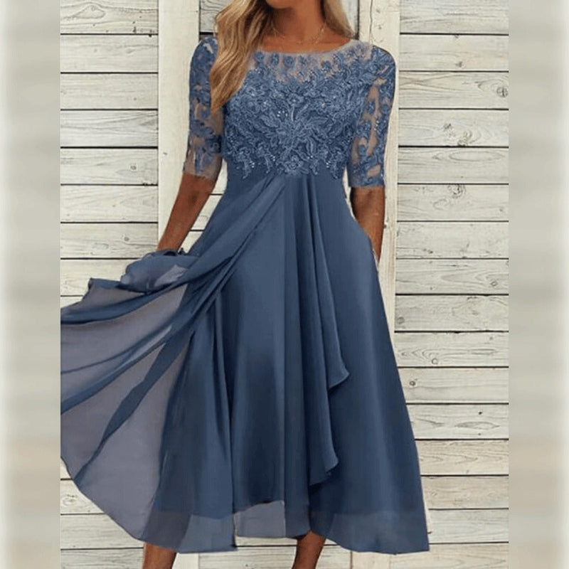 Yara - Elegante Encaje Chiffon Midi Vestido