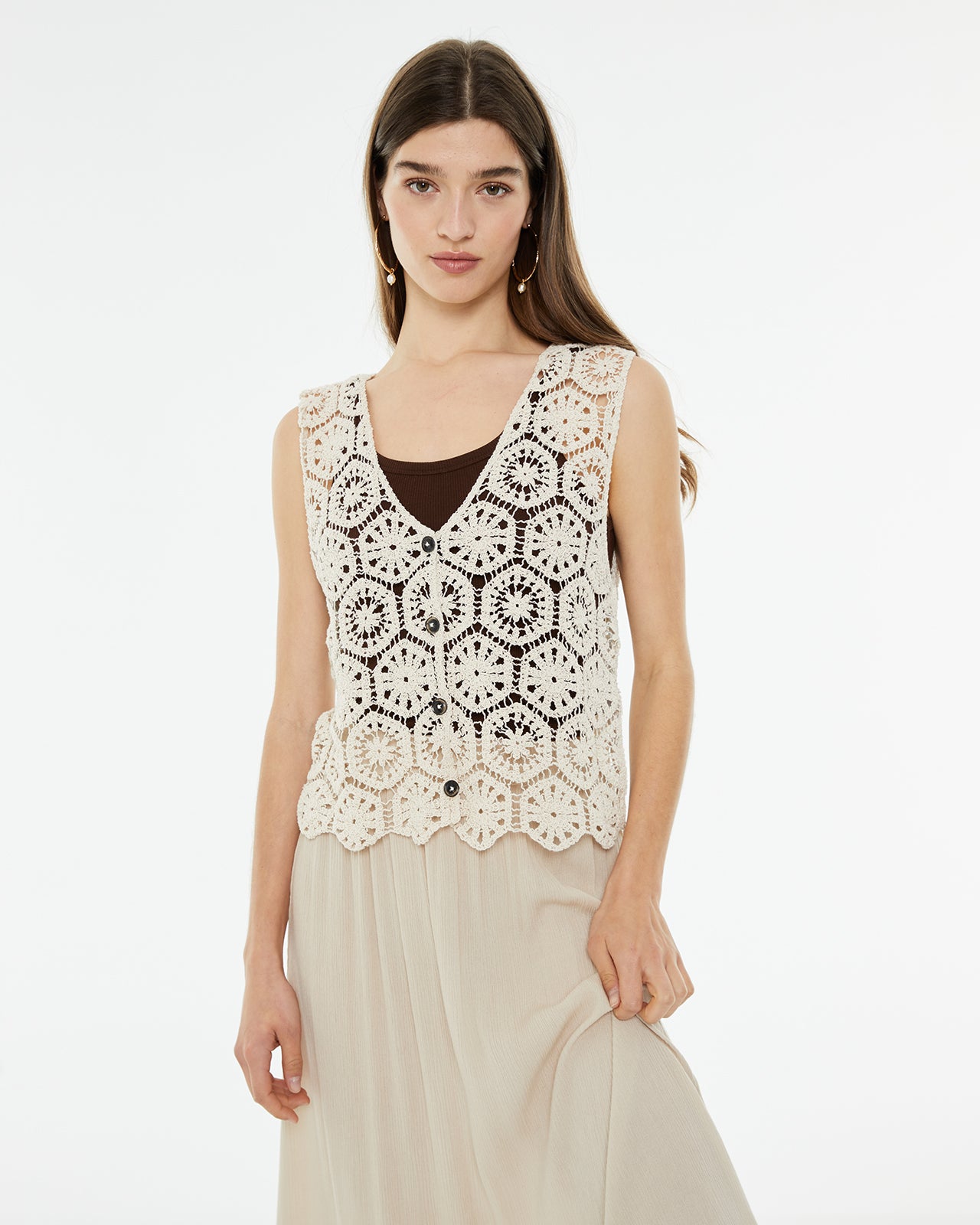 Top tejido crochet de tirantes cierre botones delanteros