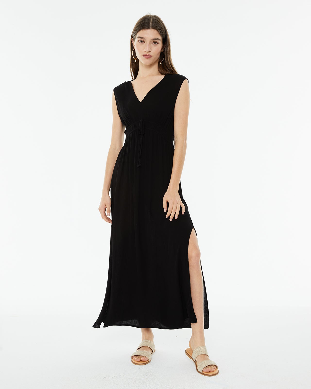 Vestido midi bambula con fruncido en la cintura