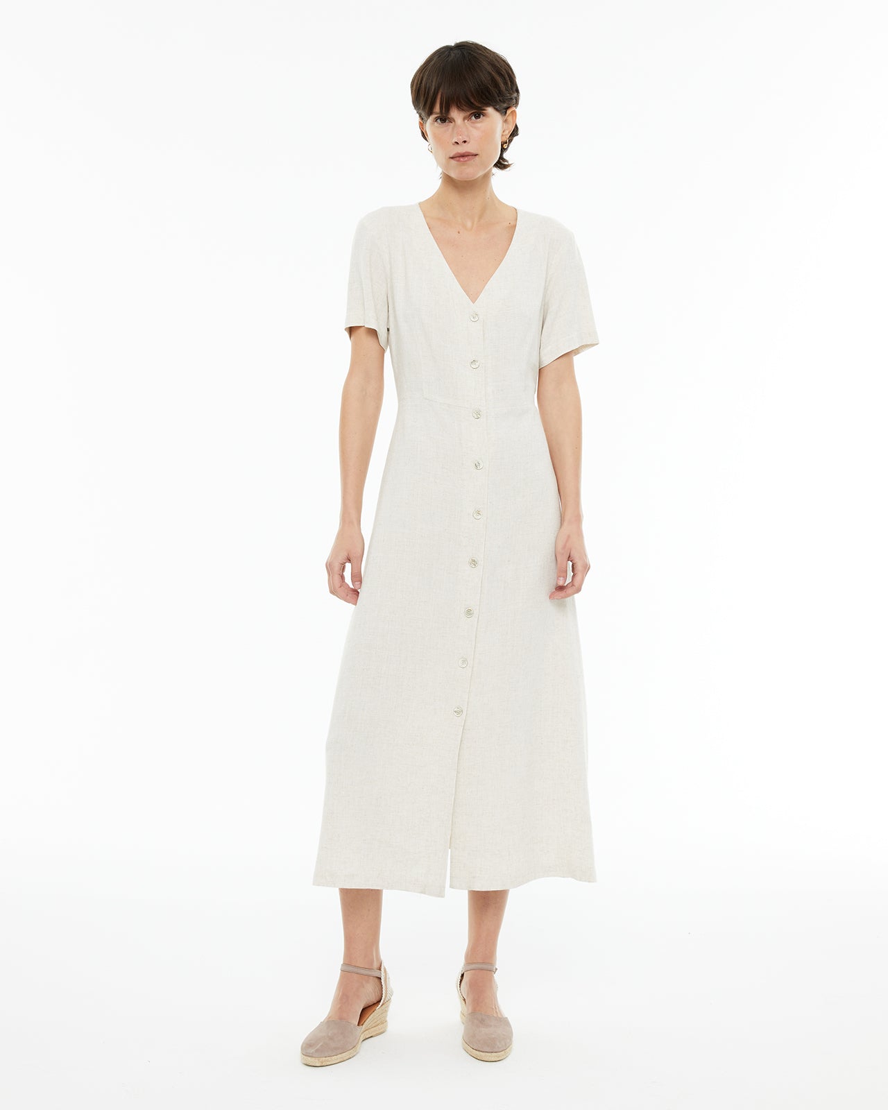 Vestido midi de manga corta abotonado delantero