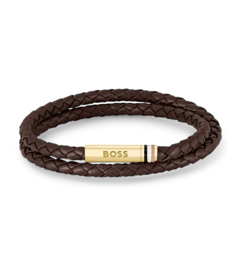 BOSS Brazalete de Piel Trenzado Doble marrón