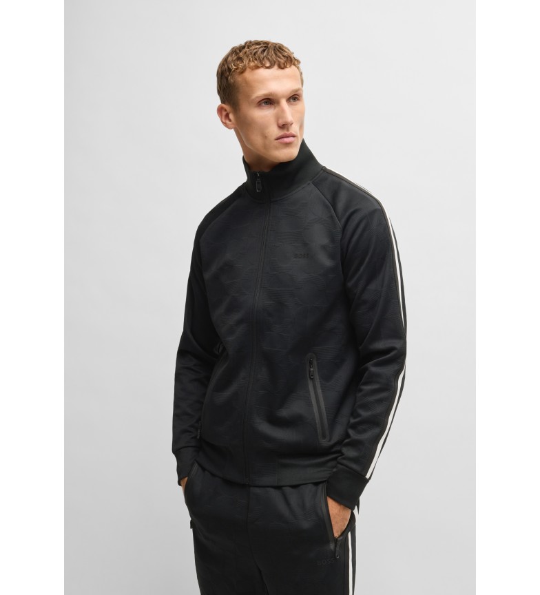 BOSS Sudadera de jacquard circular con cremallera y rayas laterales negro