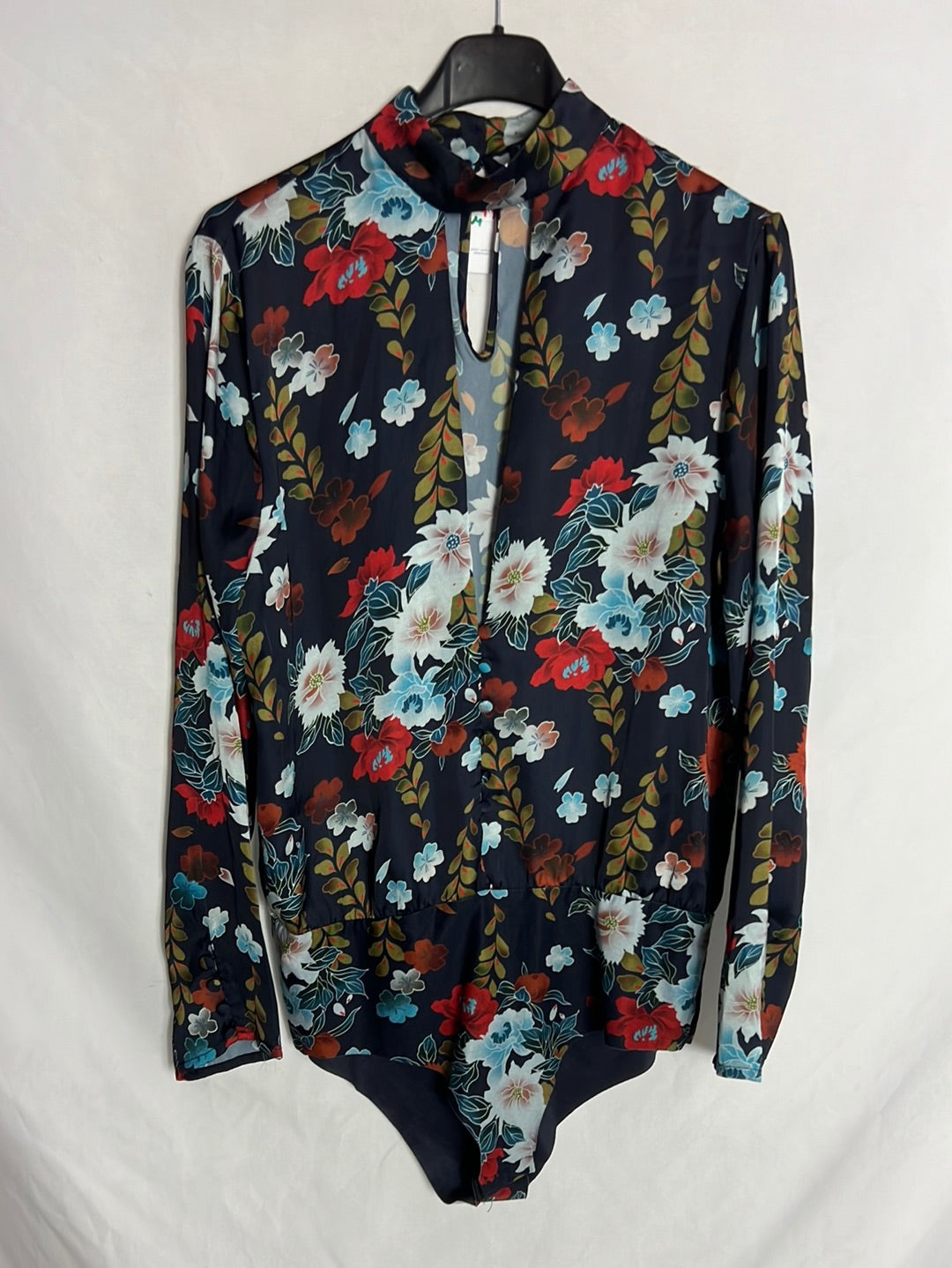ZARA. Body azul flores apertura. T M