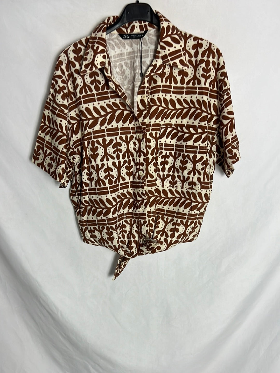 ZARA. Camisa manga corta lino estampada. T S