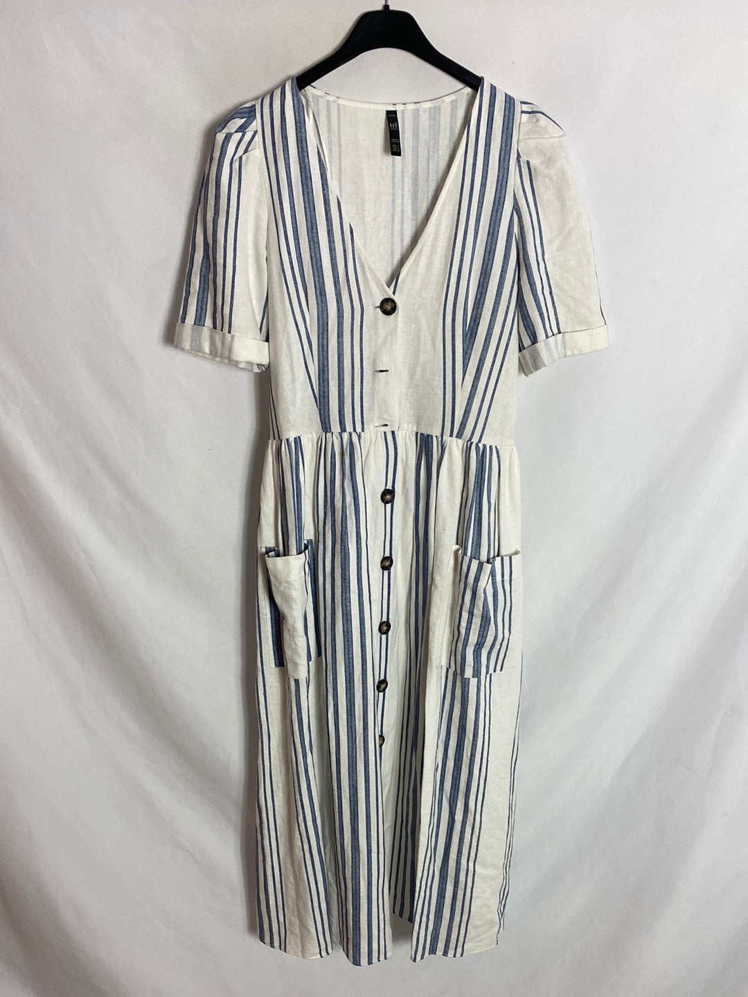 ZARA. Vestido midi camisero manga corta rayas. T.S