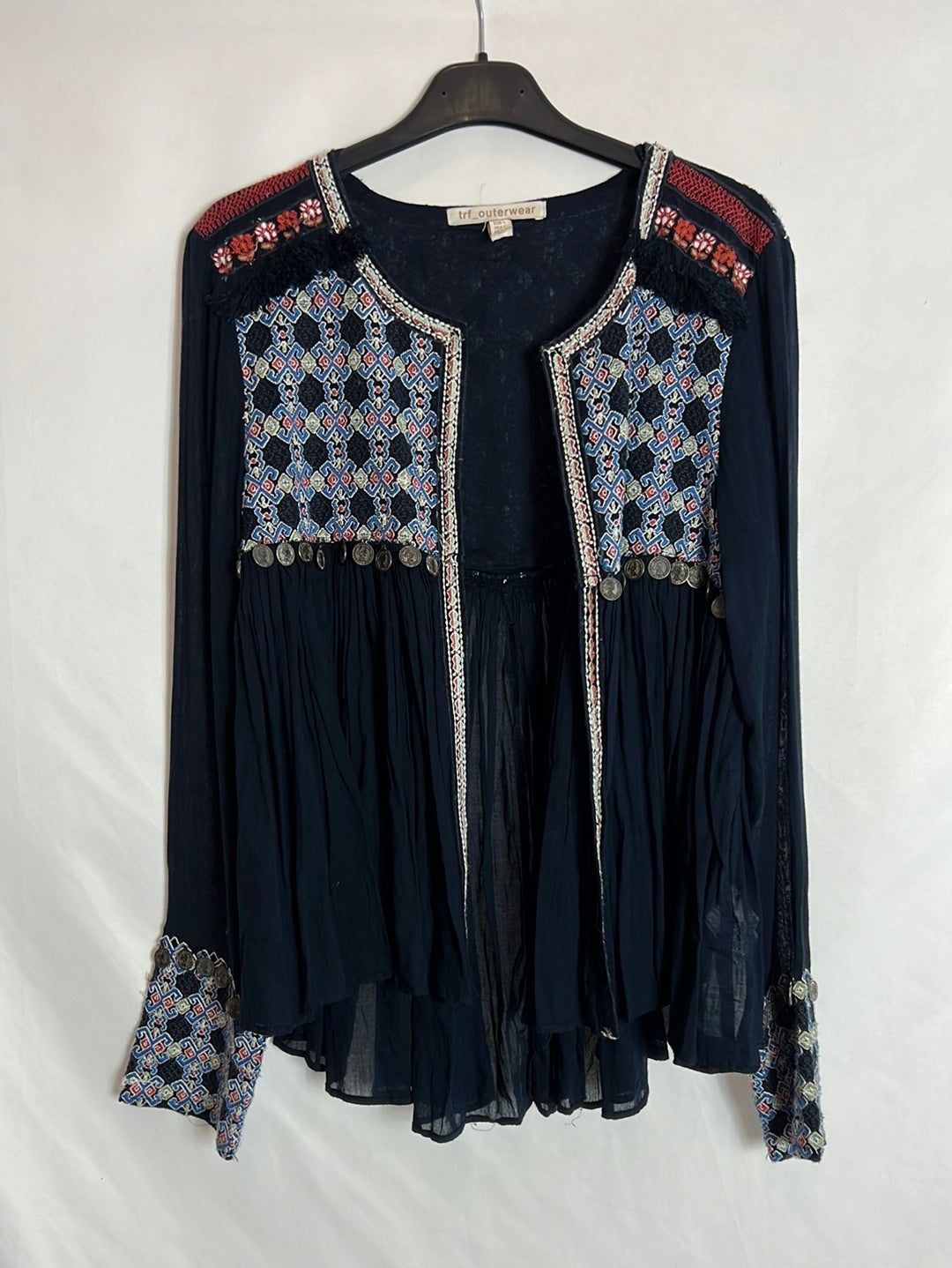 ZARA. Chaqueta azul bordados y abalorios. T S (tara)