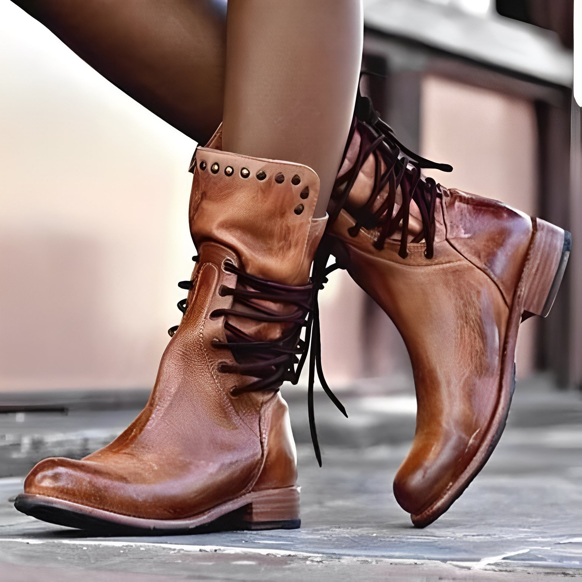 Lenora - Botas retro de cuero con tacón bajo para mujeres