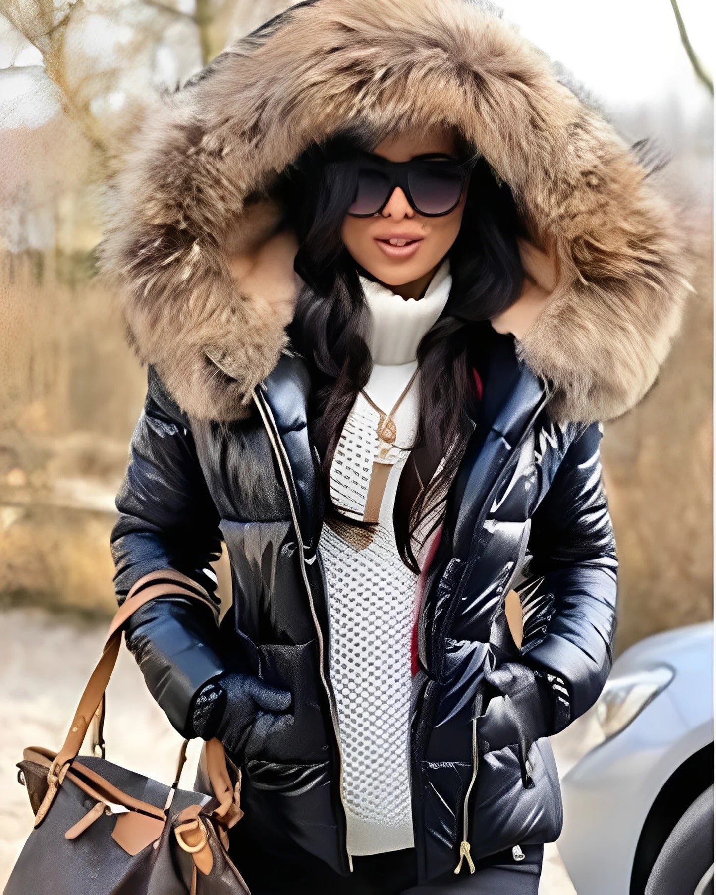 Jessica - Brillante Chaqueta de Plumas con Capucha para Mujeres