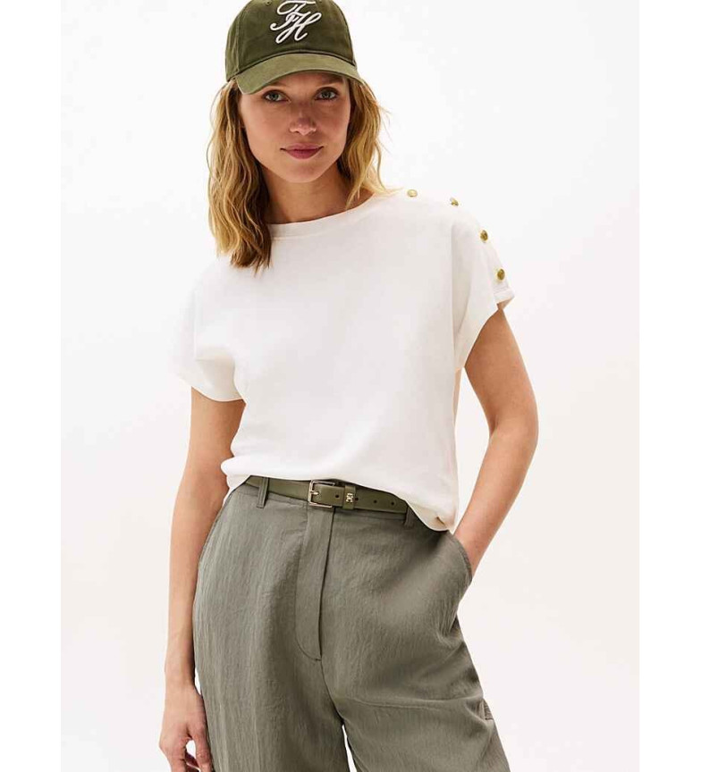 Tommy Hilfiger Camiseta con botones dorados en el hombro blanco roto